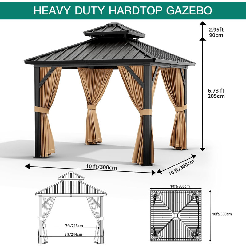 Outdoor Hardtop Gazebo, Galvanized Iron Double Vent Roof with Curtains & Netting, Aluminum Frame Pavilion for Patio, Lawn, Deck, Garden