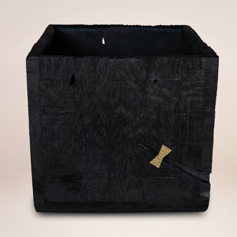 Obsidian Vault Planter ~ A bold interplay of modern form and raw imperfection, this boxy 100% reclaimed wood planter is finished in deep charred black, with dramatic fractures and brass butterfly joinery that turn nature’s flaws into art.