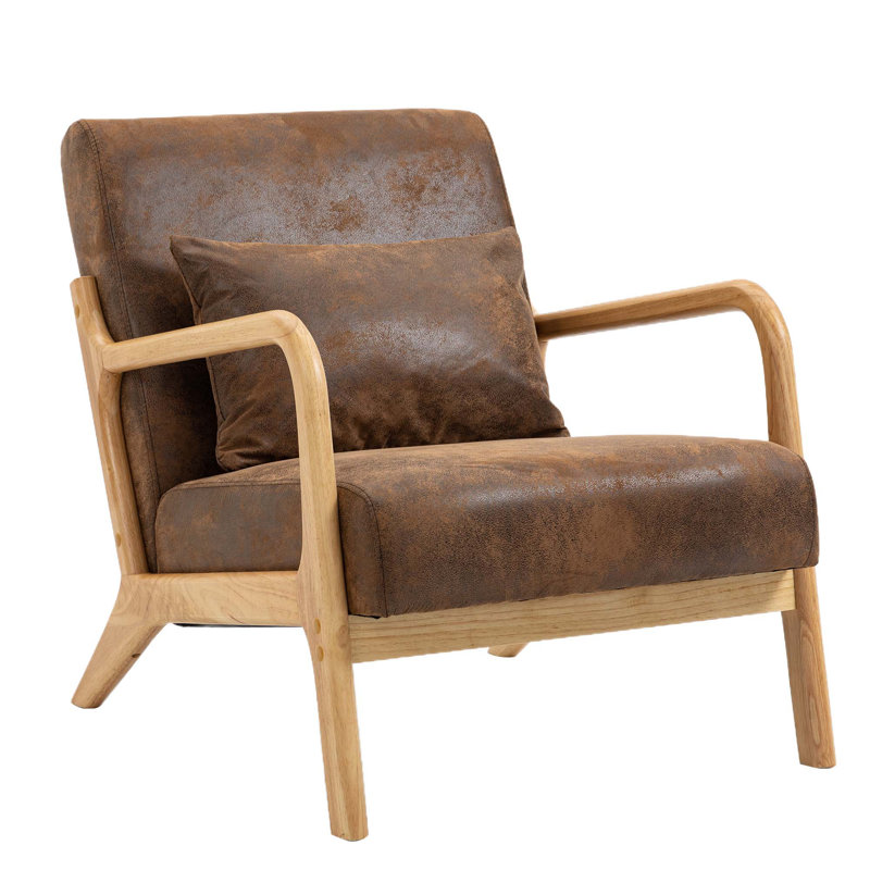 Upholstered Armchair, Accent Chair, Suitable For Living Room, Bedroom, Lounge, Natural Wood, Brown Fabric
