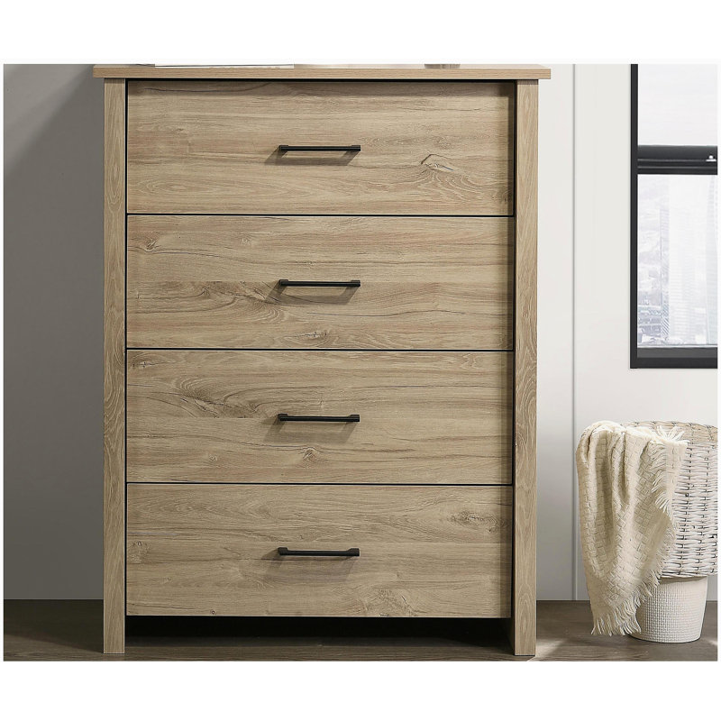 Commode 4 tiroirs avec poignées noires Seraphiel, Chêne clair