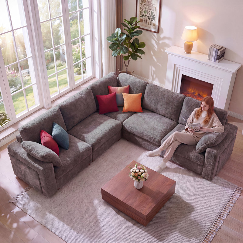 6 - Piece 120.8" Teddy Corner Sectional Sofa Modular Cloud Couch with Ottoman and Storage Side Table, Gray Teddy