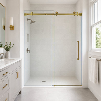 56-60" W x 76" H Frameless Single Sliding Shower Door, 1/4" Tempered Glass, Brushed Gold