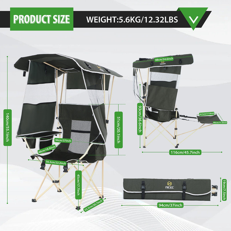 Portable Camping Chair with Canopy, Removable Footrest, Cooler Bag, and Cup Holder for Beach, Fishing, Sports, and Relaxation (2 Pack)