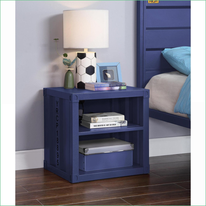 Cargo Blue Industrial Nightstand with USB &amp; Open Storage, Blue