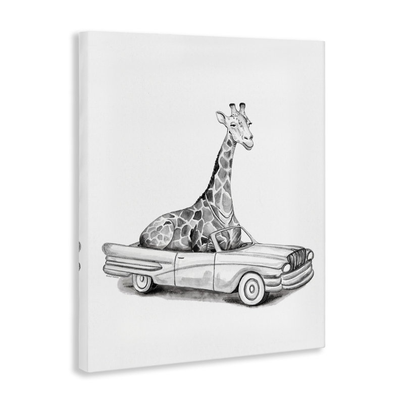 Girafe dans une voiture de sport, art mural par Rachel Nieman, H 30 po x l 24 po