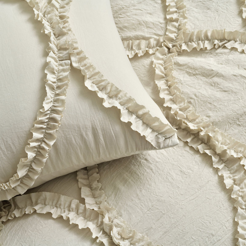 Elegant Neutral King Bedspread Set with Ruffled Ribbon Embroidery