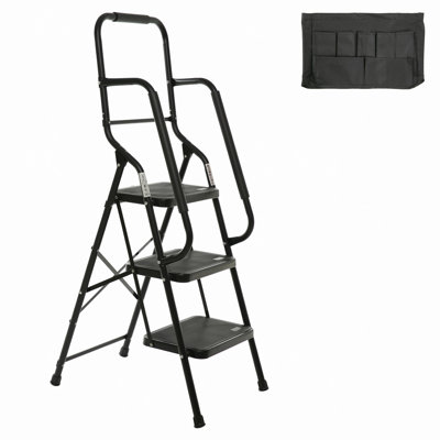 Échelle à 3 marches avec mains courantes Échelle pliante pour escabeau de 500 lb pour cuisine à domicile Structure en acier avec mains courantes de sécurité Escabeau à pédale large antidérapant avec sac à outils amovible