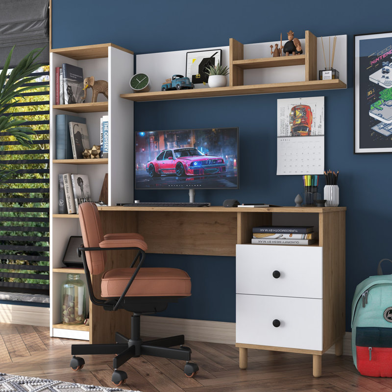 Bureau d'étude moderne avec finition noyer et blanc, 47,2 po x 63,7 po x 19,7 po | 100% panneau de particules enduit de mélamine, épaisseur: 0,7 pouce | Conception élégante et fonctionnelle pour les bureaux à domicile et les espaces d'étude, facile à assembler