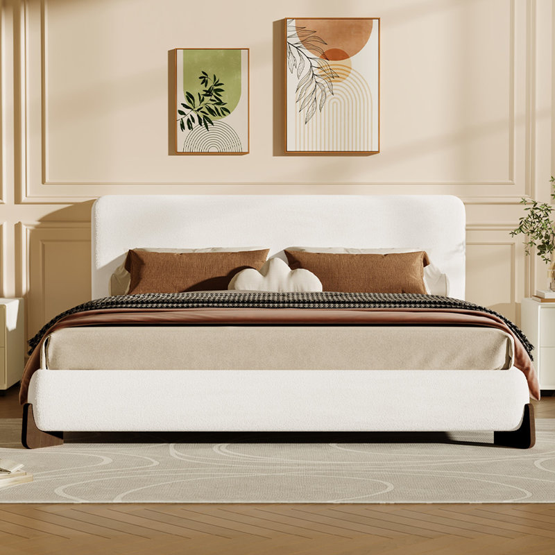 Upholstered Platform Bed Frame, King, White/Brown