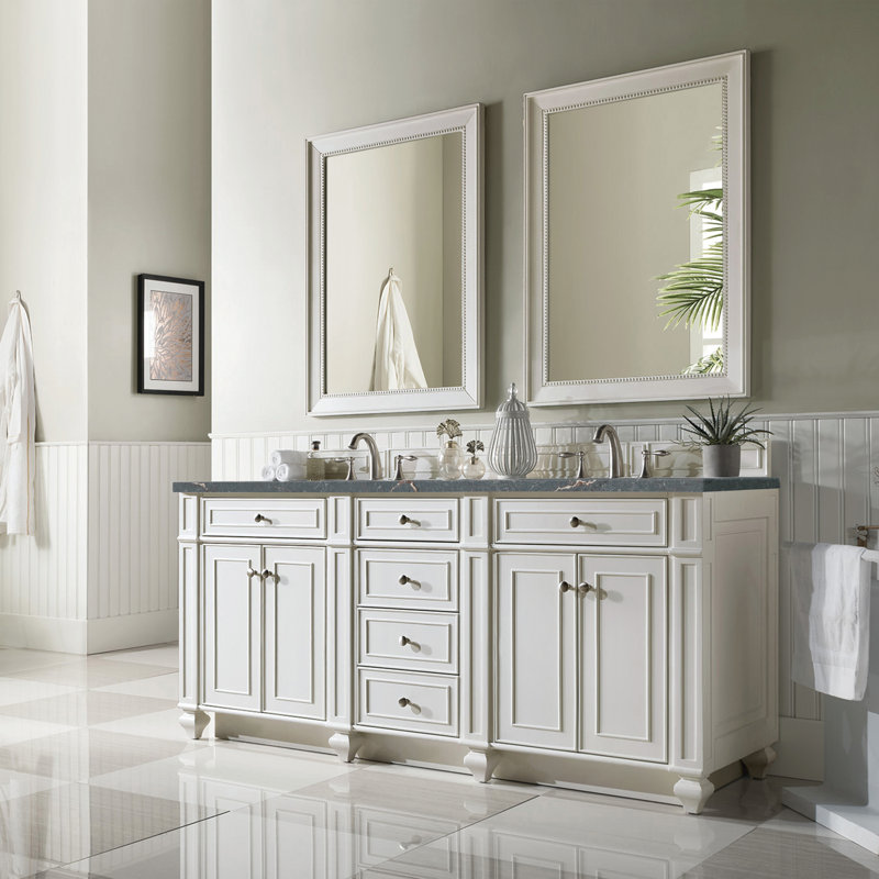 Meuble-lavabo double l 72 po Bristol, Blanc brillant, Bleu Parisien, 8 po