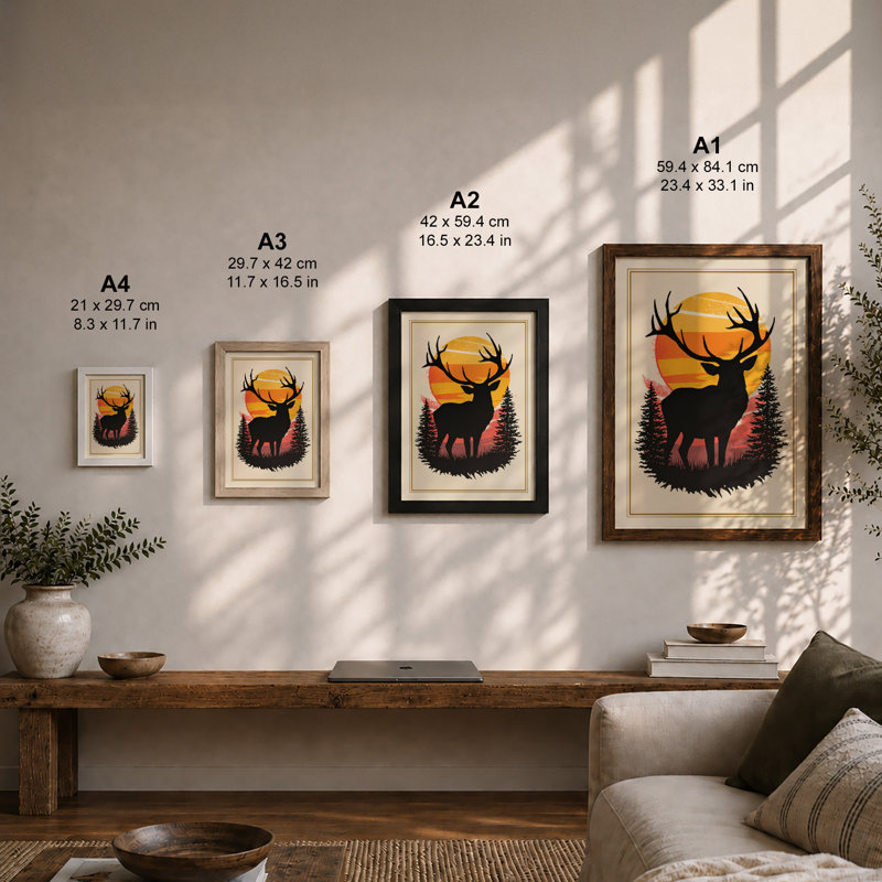 Deer in Golden Light Scandinavian - Framed Print, A2 - 59.4 x 42.0 cm, Black