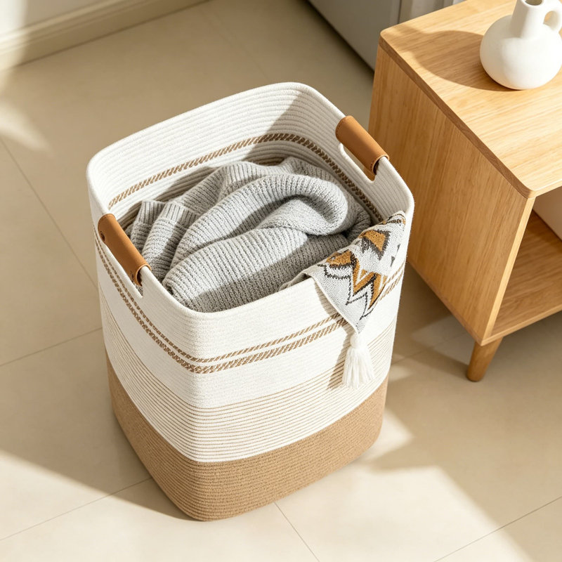 Cotton Woven Laundry Hamper, Tall Laundry Basket with Leather Handles, Rectangle Clothes Organizer for Bedroom, Nursery, Living Room