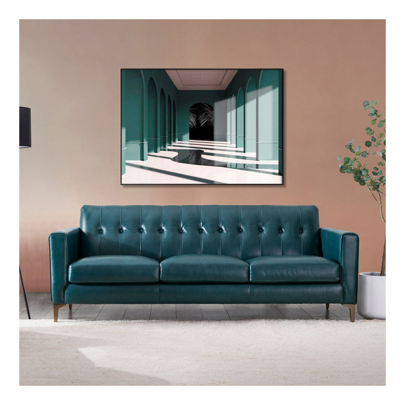 Mid-Century Tufted Leather Sofa, Turquoise