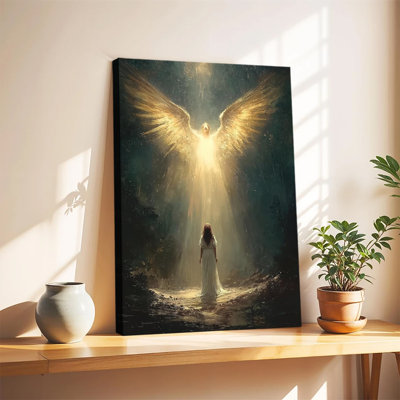 Tableau à l'huile spirituel et religieux représentant un ange rayonnant, grand format, sur toile tendue sur châssis, idéal pour le salon ou la chambre.