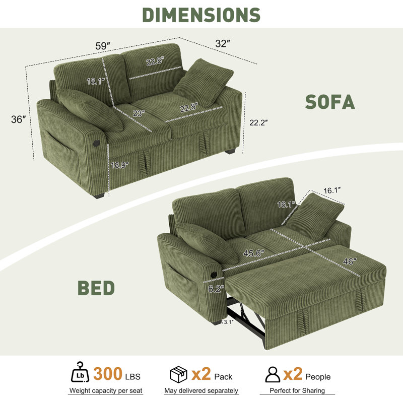 Canapé-lit en velours côtelé de 59 po avec lit escamotable et chargement USB Palma, GREEN