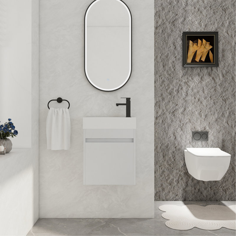 Meuble-lavabo mural 18 po avec lavabo en résine blanche et porte d'armoire à fermeture en douceur 18 po, Grain droit blanc
