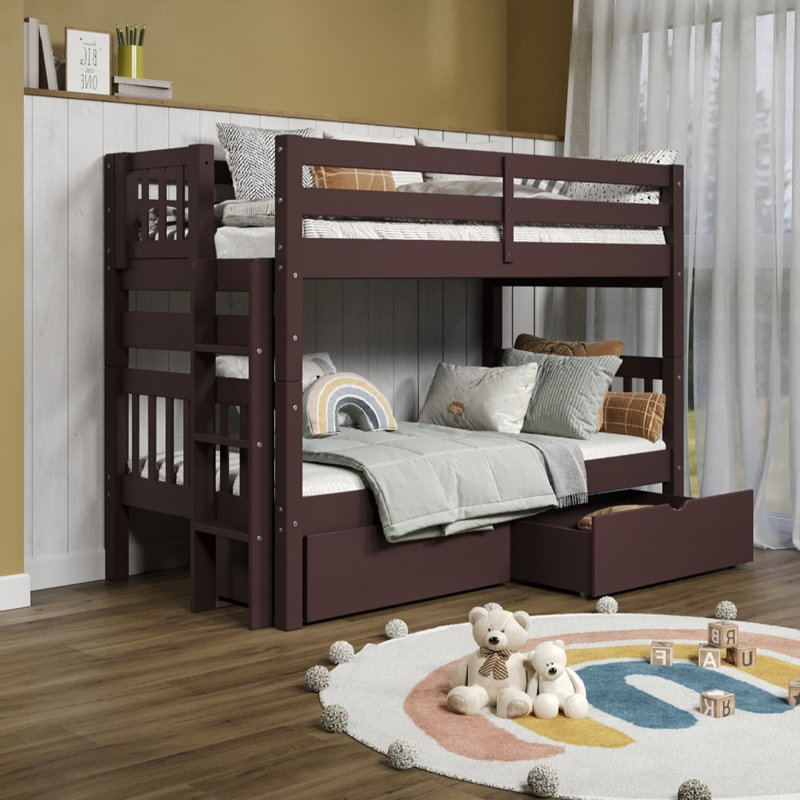 Treva Solid Wood Standard Twin over Twin Bunk Beds with Ladder and 2 Under Bed Drawers, Dark Cherry