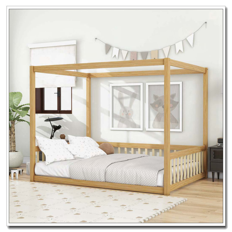 Lit en bois d'hévéa avec clôture Canopy, Naturel