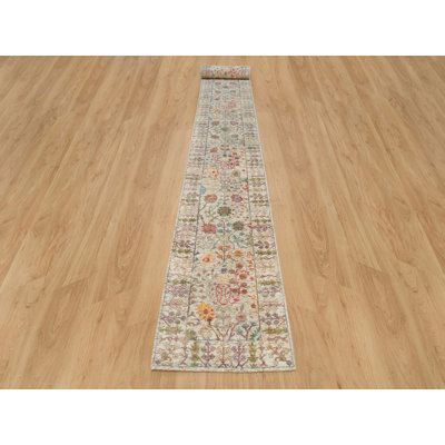 2'6" x 25'10" New Hand Knotted Beige Wool & Silk Runner Oriental Rug - MOA10290237