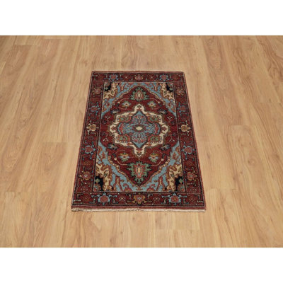 2 pi x 3 pi 3 po rouge de grange, reproduction antique Heriz fine, laine de Nouvelle-Zélande filée à la main, noué à la main, velours doux, colorants végétaux, tapis, échantillon, tapis oriental