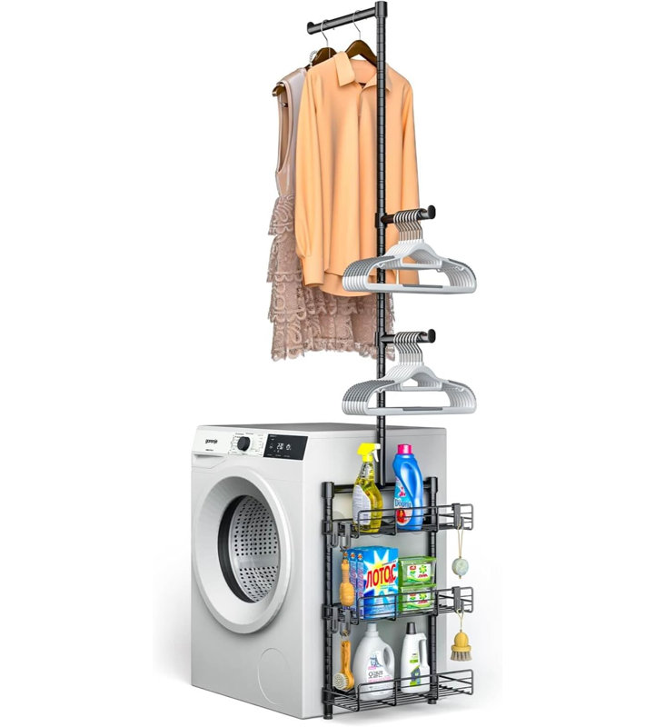 Tablette de rangement au-dessus de la laveuse et de la sécheuse, tringle à linge avec panier et organisateur de suspension