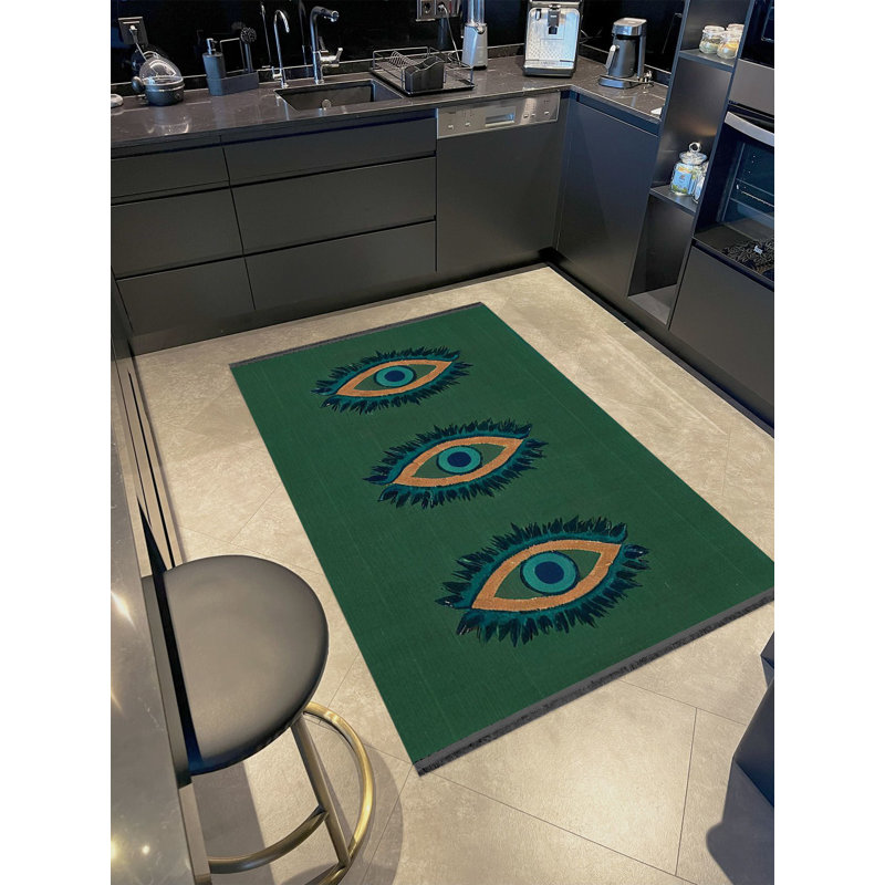 Tapis décoratif moderne à motif tissé vert foncé Rio Collection, Tapis de couloir 2 pi 5,53 po x 6 pi 6,74 po