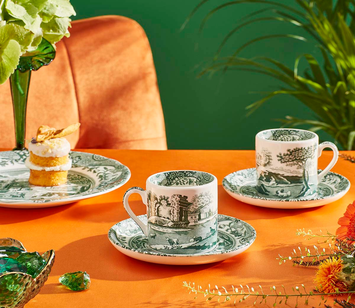 Heritage Green Italian 3 Oz. Espresso Cups & Saucers, Set of 4