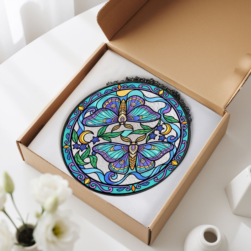 Moth Moon Stained Glass Window Panel，7.8H, 7.8"H