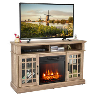 Luz, Natural Wood TV Stand with Glass Doors