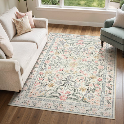 Washable Floral Area Rugs Boho Large Rugs Non-Slip for Bedroom Soft Rubber Backed Carpet