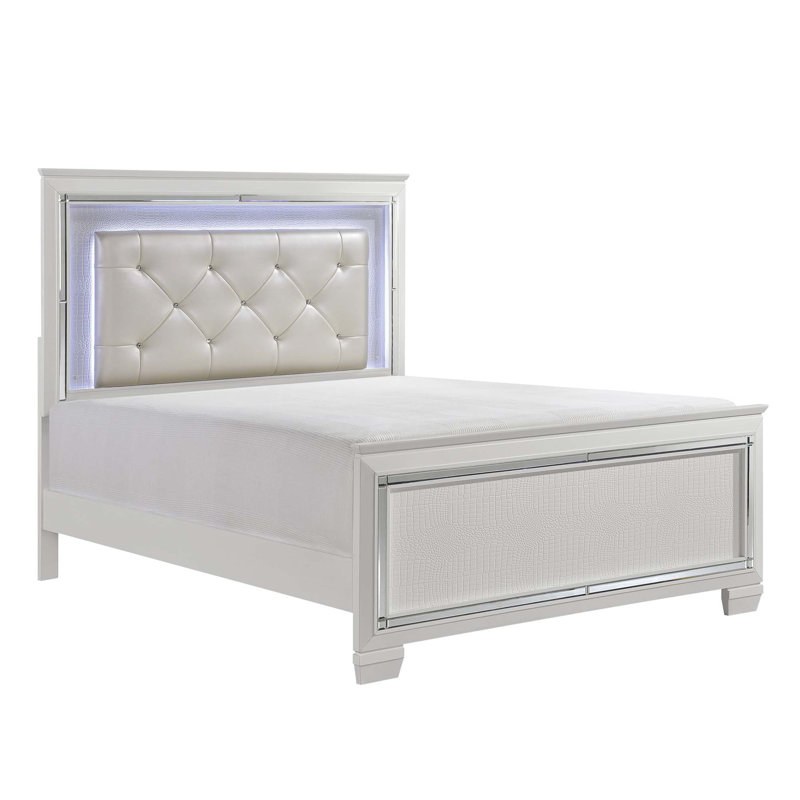 Glamorous Design 1Pc Bed Button-Tufted LED Headboard Faux Alligator Embossed Textured Panels Bed