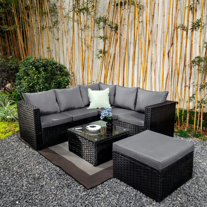 Farrahn Rattan 6 - Person Seating Group with Cushions, Black