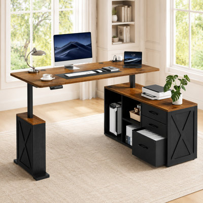 Farmhouse 55 in L Shaped Standing Desk with Storage Drawers Height Adjustable Corner Computer Desk with Power Outlets, Lift Top Desk, Electric Corner Standing Desk, Sit Stand up Desk for Home Office