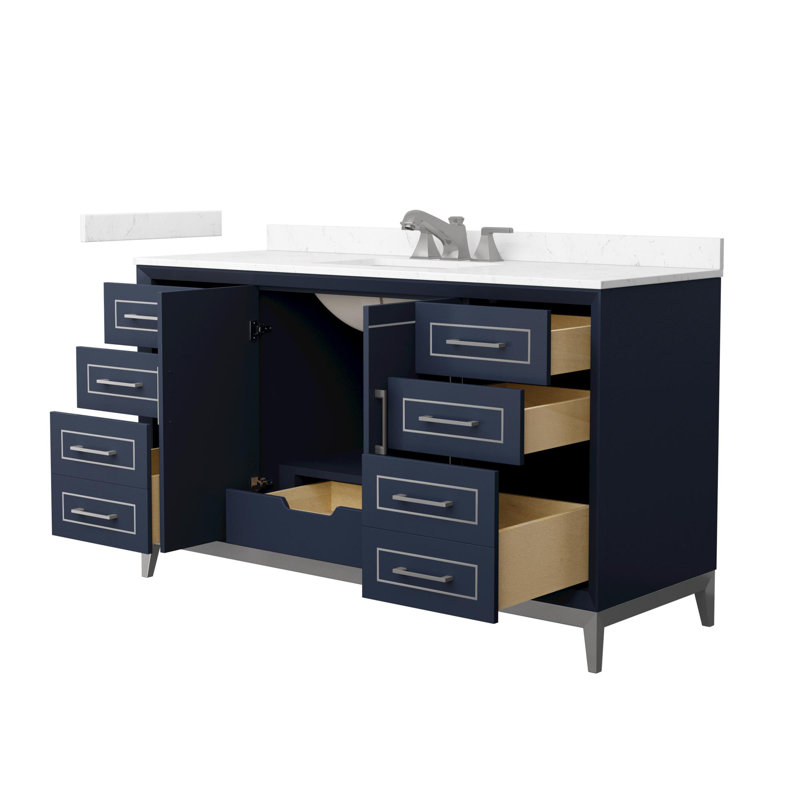 Meuble-lavabo autoportant simple avec plateau en marbre Marlena, Bleu, Nickel brossé, 42"