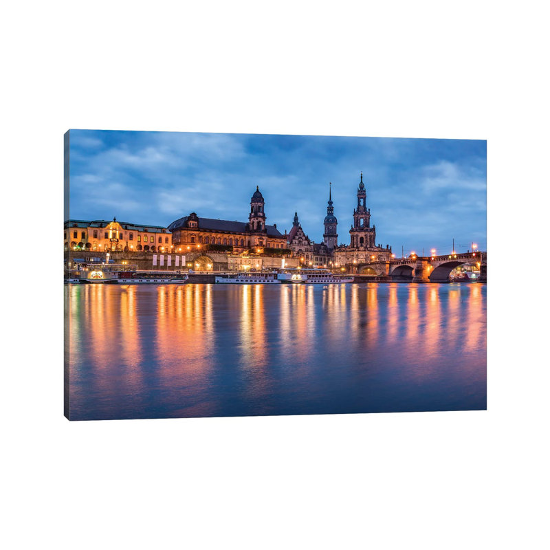 Dresden Skyline At Night With View Of The Dresden Cathedral by Jan Becke - Wrapped Canvas Print