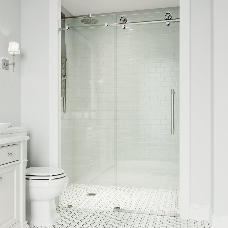 Cass 68-72" W x 76" H Sliding Frameless Shower Door with 3/8" Clear Glass, Stainless Steel