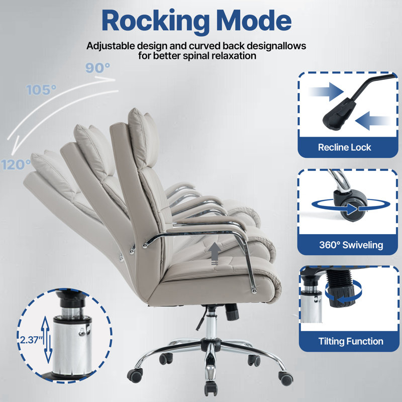 Ergonomic Tufted Faux Leather Executive Office Chair with Padded Armrest, Ivory