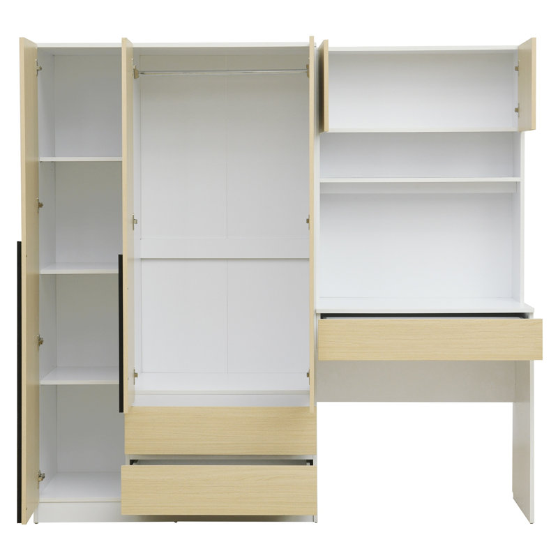 Armoire de bureau à 3 portes avec rangement en bois pour chambre à coucher avec tablettes et 3 tiroirs, Naturel