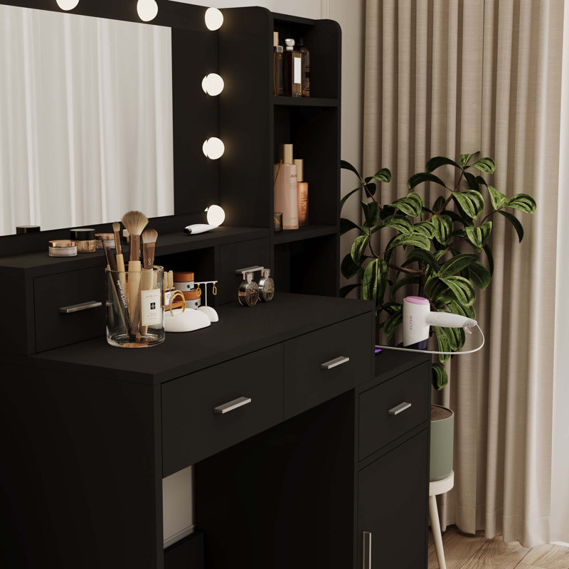 Le meuble-lavabo avec miroir est équipé d'un support de sèche-cheveux pour la chambre à coucher, Noir