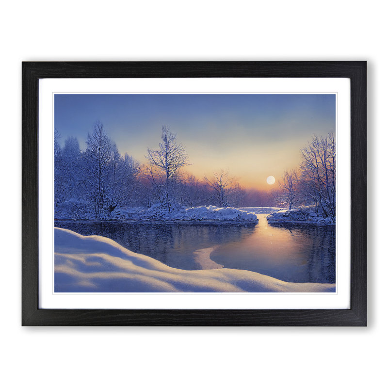 XH1022-10184X Winter Forest Lake Sunrise - Single Picture Frame Print, 25cm H x 34cm W x 2cm D, Black