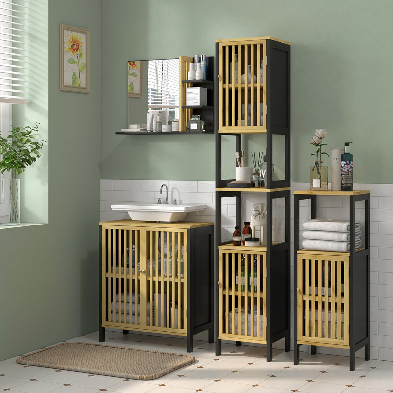 HOMCOM Under Sink Bathroom Cabinet Bamboo U-Shape Slot Natural and Black
