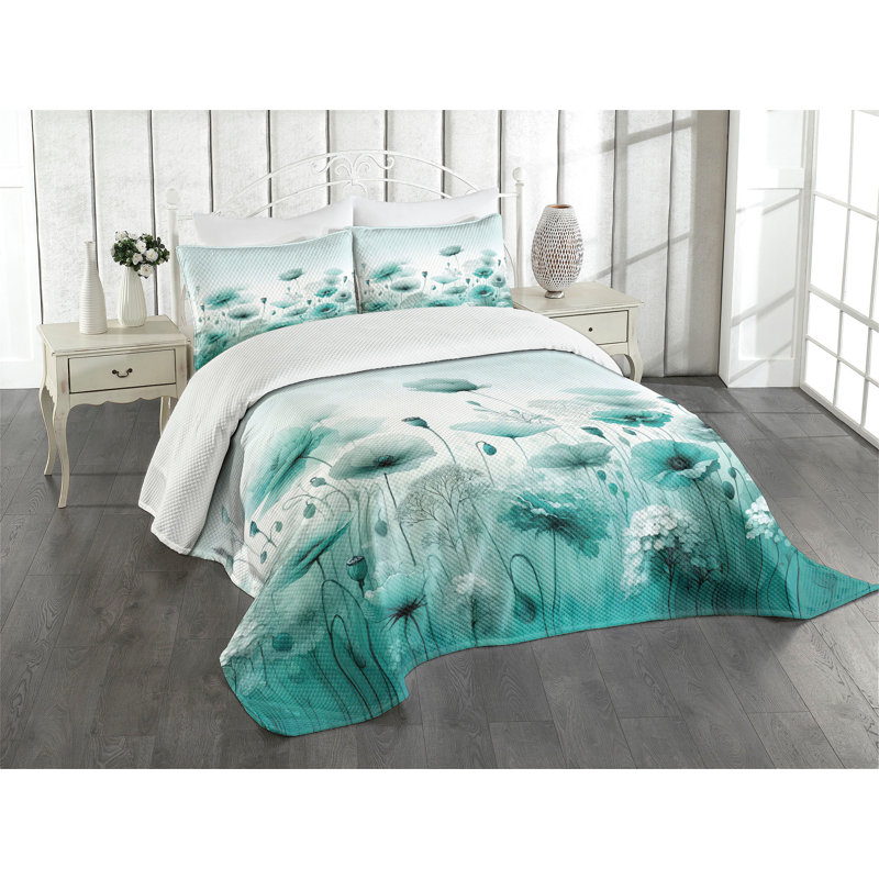 Mint Green and White Floral Queen Bedspread Set