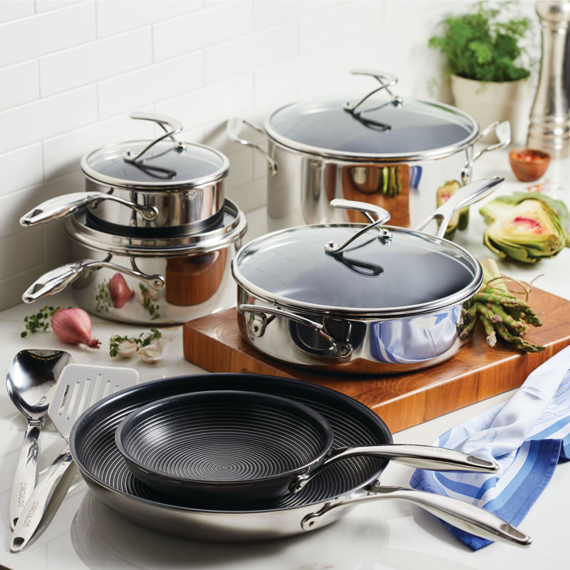 Ensemble de batterie de cuisine et d'ustensiles circulon en acier inoxydable avec antiadhésif hybride SteelShield, 12 pièces