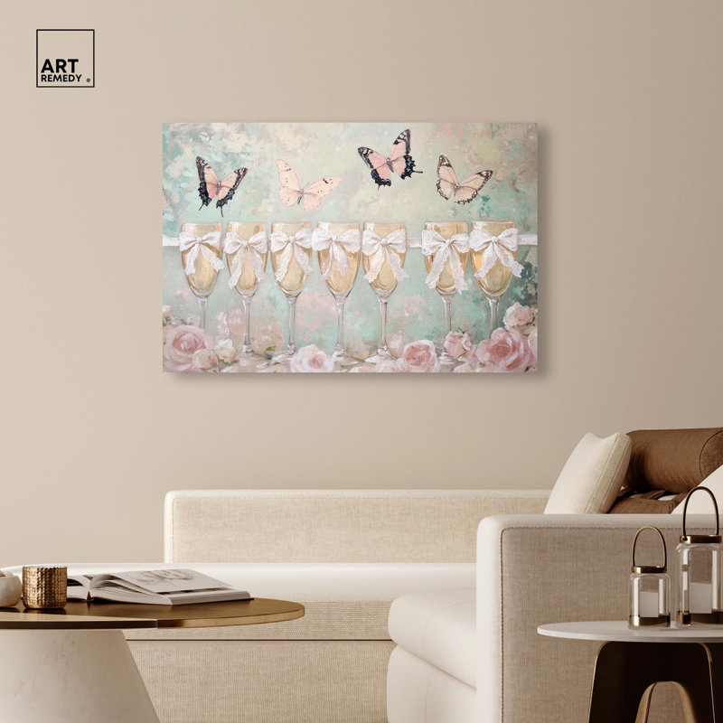 «Champagne Mint and Pink Glass Collection», art mural sur toile , H 36 po x l 54 po, Toile tendue