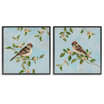 Sparrow Upon Apple Blossoms 2 Piece Framed Giclee Art Set, design by Sally Swatland