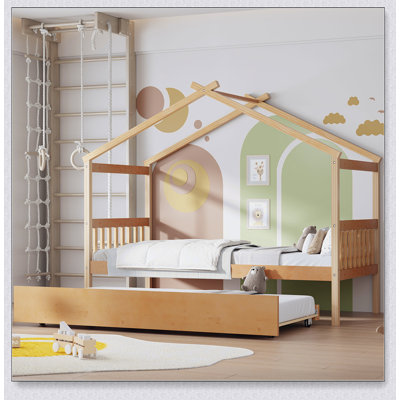 Wooden House Bed With Trundle