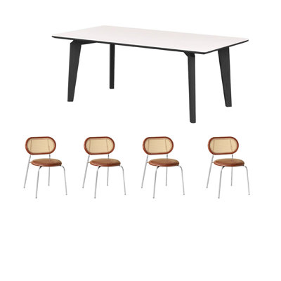 Ash wood dining table and stainless steel chairs