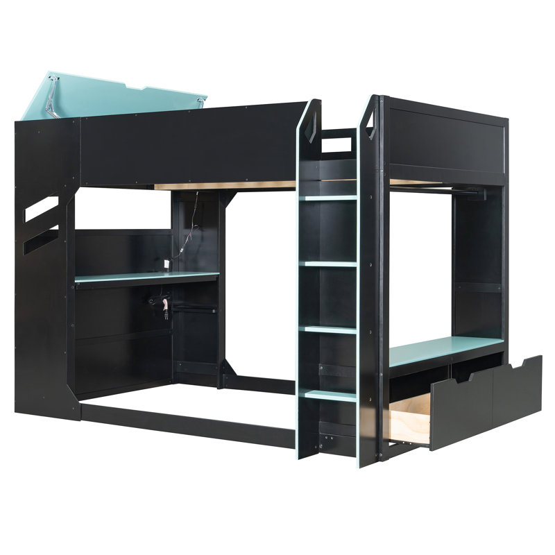 Lit mezzanine en bois pleine grandeur avec bande, bureau réglable, tiroirs et compartiments de rangement. Le bureau réglable de 21,9 po et 29,9 po est destiné aux étudiants. La bande crée un environnement excitant à la hauteur - lumières,