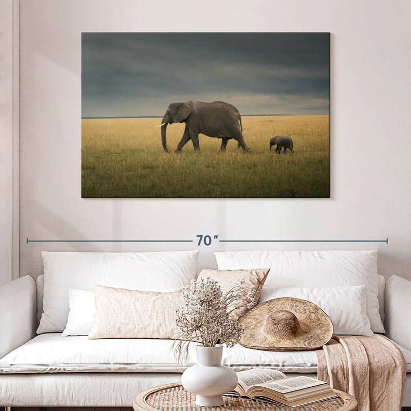 Éléphant Brampt dans un champ de savane, H 32 po x l 48 po