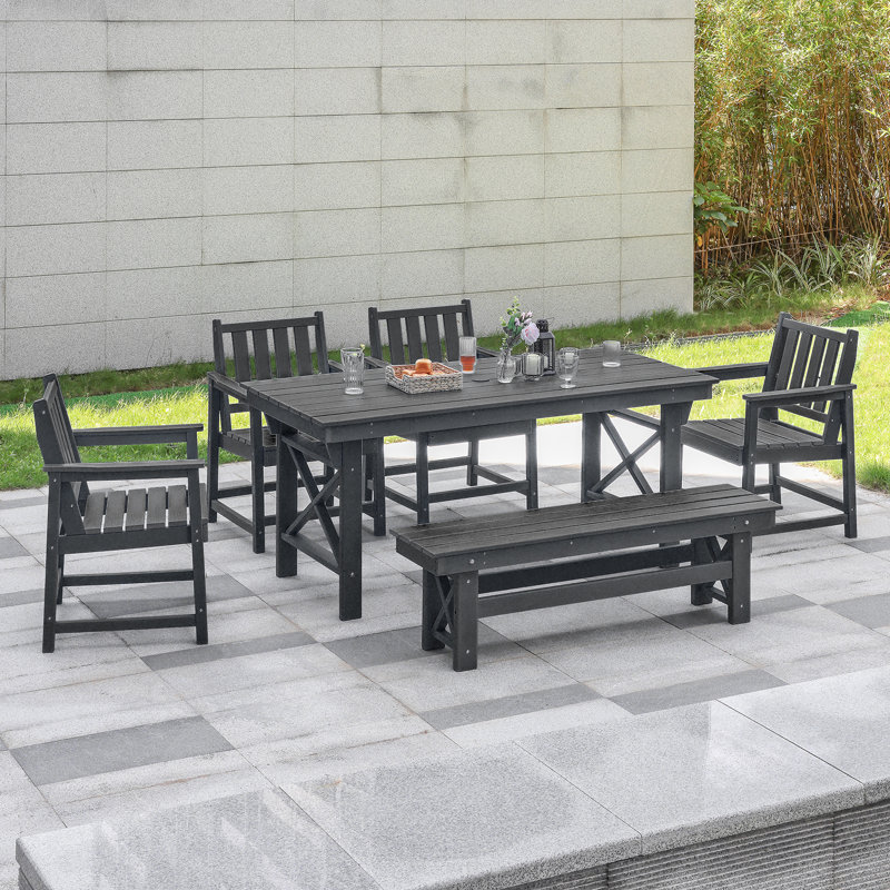 HDPE Outdoor Dining Set Of 6, Patio Dining Table Set With 4 Chairs And 1 Bench, 6 Pieces HDPE Dining Set With Umbrella Hole, Outdoor Furniture Sets For Deck, Poolside, Garden